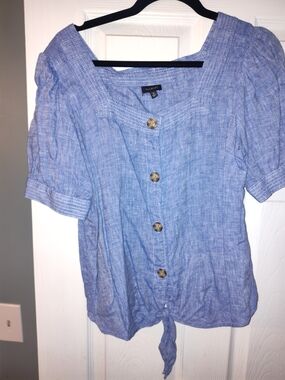 Talbots Light Blue Chambray Button-Front Tie-Hem Top